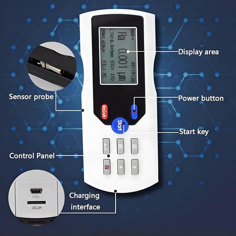 Surfaces Roughness Tester Digital Profilometer With LCD Display And Diamond Probe High Precision 160 Micron For Machined Metal Parts Finish Analysis And Instant Graphical Readouts A Real Workhorse showing buttons and sensor probe details