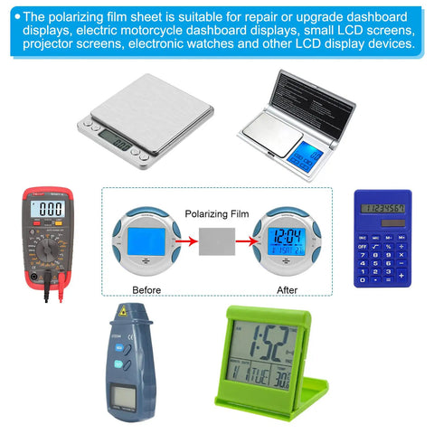 Polarizing Film Sheets demonstrating effect on various LCD displays and projects, Six Point Five Inch Polarized Film Sheets Two Pack Adhesive