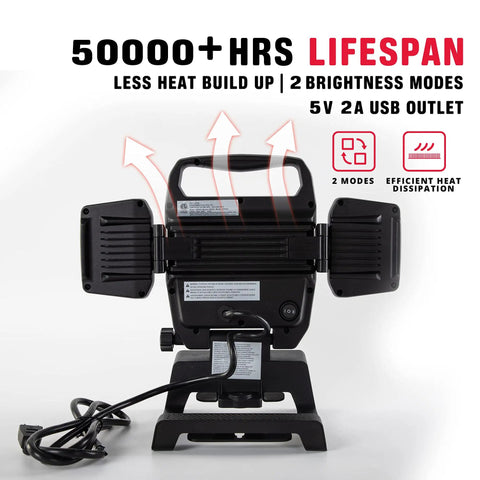 Back view of Heavy Duty 50W LED Work Light With Three Head Stand Portable Corded For Construction Site And Garage Bright 5000 Lumen with cable