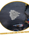 Grey Screw Cover Caps 500 Pack Durable Plastic Thread Protectors for cabinets and furniture shown on a black table.
