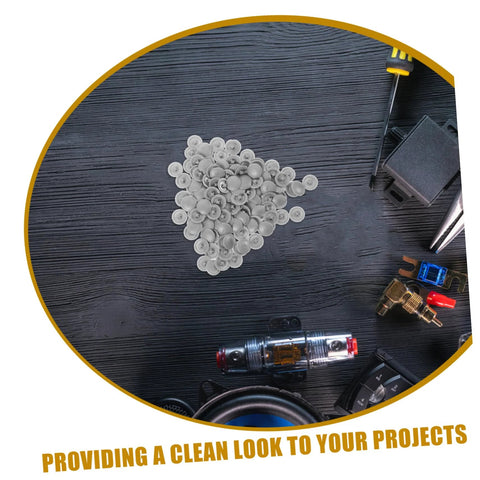 Grey Screw Cover Caps 500 Pack Durable Plastic Thread Protectors for cabinets and furniture shown on a black table.