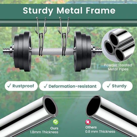 Close-up of sturdy metal frame showcasing rustproof and sturdy powder-coated pipes for durability, with focus on thickness comparison.