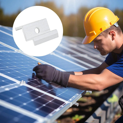 Worker installing Heavy Duty Aluminum Solar Panel Clamps on rooftop, showcasing rustproof fasteners and weather-resistant design.