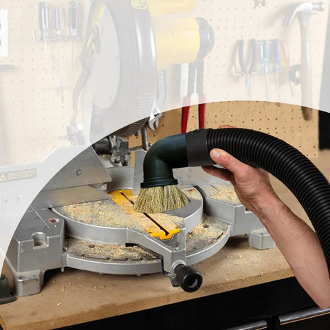 Using Vacuum Accessory Kit Dust Brush And Extension Wand For Shop Vac Systems, horsehair brush cleans dust from saw table