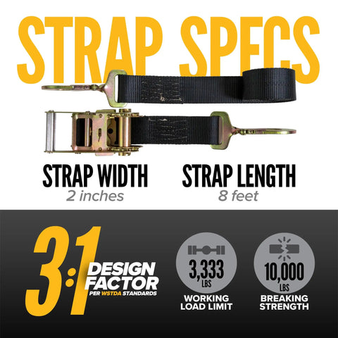 Heavy Duty Twisted Snap Hook Ratchet Straps 2 By 8 Feet with 2 inch width and 10000 lbs breaking strength specifications.