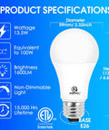 Image of 100W Equivalent A19 LED Light Bulb Daylight 5000K Bright White Non Dimmable E26 Base 1600 Lumens Instant On Energy Saving ETL Listed