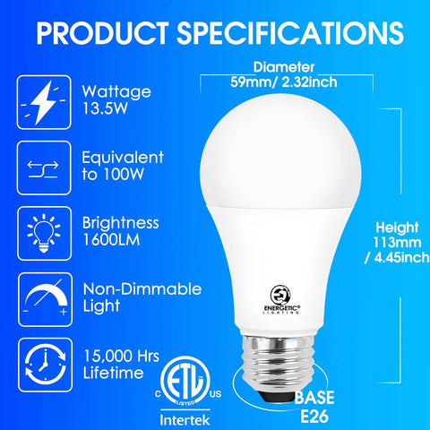 Image of 100W Equivalent A19 LED Light Bulb Daylight 5000K Bright White Non Dimmable E26 Base 1600 Lumens Instant On Energy Saving ETL Listed