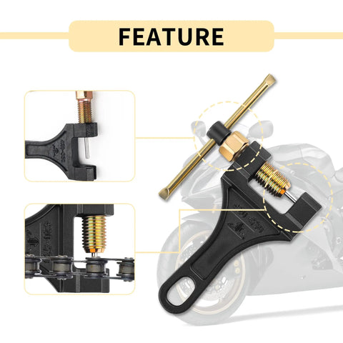 Upgraded Motorcycle Chain Breaker Tool Set With Replacement Thimble for 420 428 520 525 528 530 Chains, close-up features view