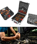 187 Piece Tool Set With Lockable Toolbox, Chrome Plated Carbon Steel Hand Tools Kit For Home Repair displayed with open toolbox