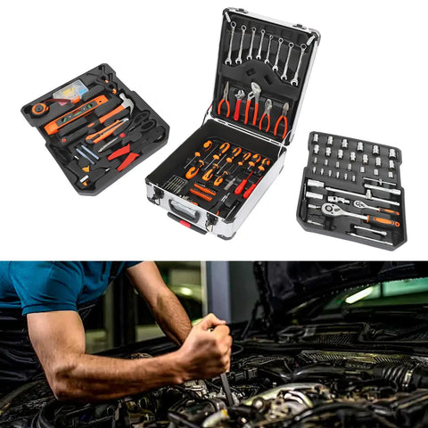 187 Piece Tool Set With Lockable Toolbox, Chrome Plated Carbon Steel Hand Tools Kit For Home Repair displayed with open toolbox
