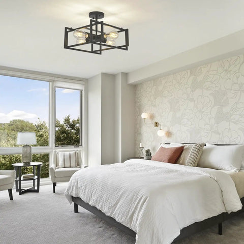 Bedroom with Black Farmhouse Semi Flush Mount Ceiling Light Fixture With Four Lights Rustic Industrial Metal Rectangle Ceiling Lamp