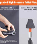Heavy Duty High Pressure Toilet Plunger Kit With Curved Brush And Comfort Grip Gloves, All In One Drain Clog Buster For Bathroom Sink And Tub, Tough As Nails Game Changer showing rubber plunger with secure threaded lock.
