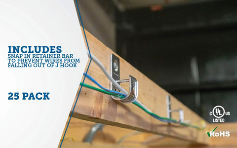 4 Inch J Hook Cable Support With Removable Angle Bracket Zinc Plated Steel Ceiling Mount Holds Up To 300 CAT5E Cables Pack Of 25