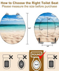 Tropical Paradise Round Toilet Seat With Gentle Soft Close Hinges And Easy Peasy Quick Swap Brackets Killer Beach Umbrella Vibe measurement graphic showing dimensions for selection.