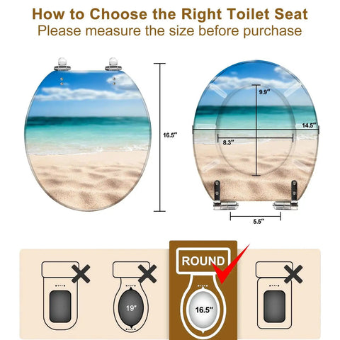 Tropical Paradise Round Toilet Seat With Gentle Soft Close Hinges And Easy Peasy Quick Swap Brackets Killer Beach Umbrella Vibe measurement graphic showing dimensions for selection.