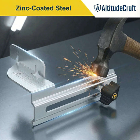 Front view: AltitudeCraft Crown Stops for Miter Saw on silver aluminum crown-stop jig with black adjustment knob
