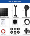 Packing list of Rainfall Shower Head And Handheld Combo With 11 Inch Extension Arm In Matte Black, 8 Inch Square Rain Head