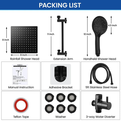 Packing list of Rainfall Shower Head And Handheld Combo With 11 Inch Extension Arm In Matte Black, 8 Inch Square Rain Head