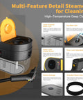 Get Ready To Shine With CHOWERFLY Adjustable Steam Cleaner showing large-capacity water tank, display screen, and extended hose features.