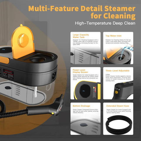 Get Ready To Shine With CHOWERFLY Adjustable Steam Cleaner showing large-capacity water tank, display screen, and extended hose features.