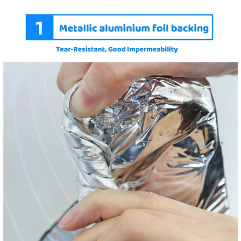 Metallic aluminum foil backing of Top Tier Heavy Duty Asphalt Roofing Tape With Aluminum Foil To Seal Leaks And Patch Cracks On Gutters Or Shingles Straight Up Waterproof Flashing Underlayment Roll That Really Gets The Job Done Fast.