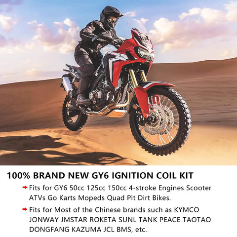 Motorcyclist riding in desert highlighting High Performance Ignition Coil Kit For 50cc 125cc 150cc Scooters ATVs Go Karts And Mopeds