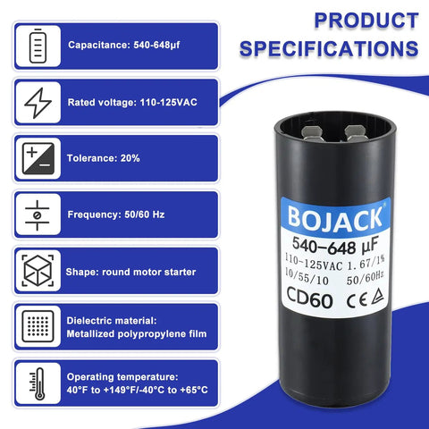 CD60 Run Capacitor 540 648 UF MFD 110 125V Round Replacement Part with specifications chart