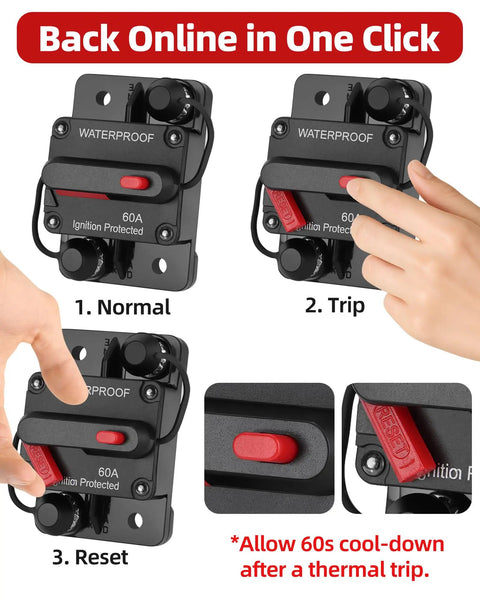 60 Amp Marine DC Circuit Breaker Switch For Trolling Motor Battery Box No Fuse Needed One Click Reset 12V To 48V operations