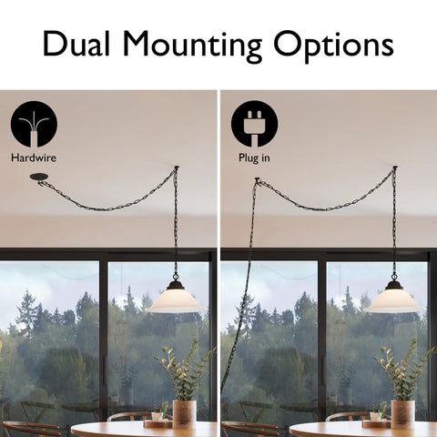 Oil Rubbed Bronze Pendant Light With Alabaster Glass Shade, Dimmable And Flexible Install, Hardwired Or Plug In options displayed