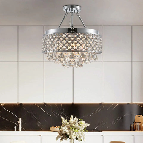 Sleek Modern Crystal Chandelier Pendant Light With Sparkling Raindrop Crystals, Semi Flush Mount in kitchen setting