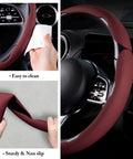 Slick And Hella Comfortable Premium Perforated Leather Steering Wheel Cover, Universal 14.5 To 15 Inch Auto Grip Accessory, Breathable Wine Red Wrap showing easy cleaning and sturdy design.