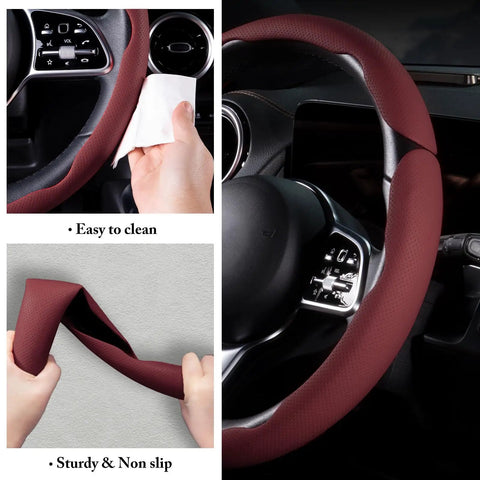 Slick And Hella Comfortable Premium Perforated Leather Steering Wheel Cover, Universal 14.5 To 15 Inch Auto Grip Accessory, Breathable Wine Red Wrap showing easy cleaning and sturdy design.