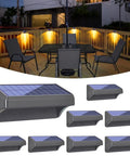 Plus Size Solar Fence Lights 8 Pack With Warm White And RGB Color Changing Outdoor Waterproof Pathway Accent Lamps 100 Lumen 8 Colors 4 Modes Ideal For Backyard Patio Deck Fence, shown alongside patio setup