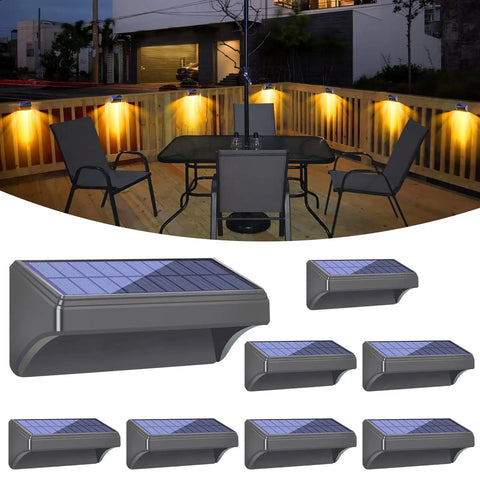 Plus Size Solar Fence Lights 8 Pack With Warm White And RGB Color Changing Outdoor Waterproof Pathway Accent Lamps 100 Lumen 8 Colors 4 Modes Ideal For Backyard Patio Deck Fence, shown alongside patio setup