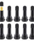10 Pack TR413 Rubber Snap-In Tire Valve Stems For 0.453 Inch Tubeless Rims, with visible brass core and rubber body