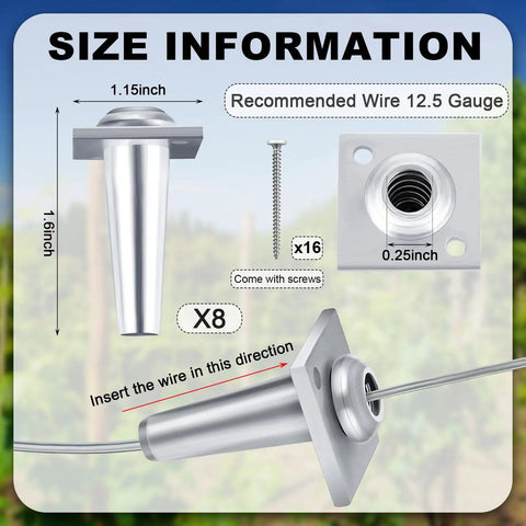Size information for Eight Piece Wire Vise Set With Screws And Two Rolls Of Galvanized Wire For Tightening 12.5 Gauge Wire