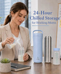 Portable Breastmilk Cooler Bag Featuring Double Walled Stainless Steel Insulation Keeps Mamma Juice Chilled Under Fifty Nine Degrees For Twenty Four Hours Includes Dual Eleven Ounce Bottles Zero Fuss Perfect For Daycare Commutes And Mom Life with milk pouring into a bottle at a desk.