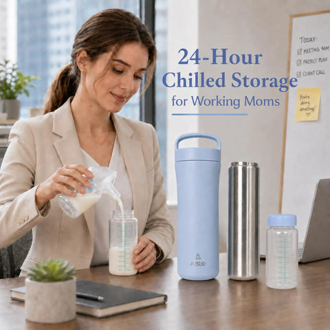 Portable Breastmilk Cooler Bag Featuring Double Walled Stainless Steel Insulation Keeps Mamma Juice Chilled Under Fifty Nine Degrees For Twenty Four Hours Includes Dual Eleven Ounce Bottles Zero Fuss Perfect For Daycare Commutes And Mom Life with milk pouring into a bottle at a desk.