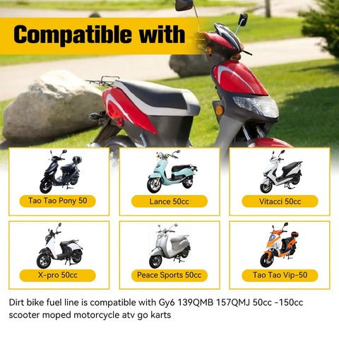 Dirt Bike Heavy Duty Fuel Line With Filter 3 By 16 Inch GY6 image showing compatible scooters and motorcycles
