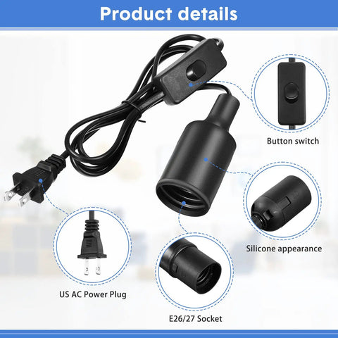 Product details of Ten Pack Hanging Light Cord With Switch for E26 E27 Pendant Socket Lantern Black 6 Foot Lamp Extension Cord Kit Includes Socket and Cord Durable Silicone Lamp Holder Flame Retardant Easy Install Plug And Play Ready, showing button switch and E26/E27 socket.