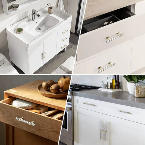 10 Pack Brushed Nickel Cabinet Pulls Barrel Handles 3 Inch Center To Center installed on various kitchen and bathroom cabinets