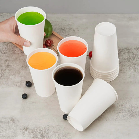 Assorted colorful drinks in 200 Pack 16 Oz Disposable Coffee Cups Sturdy White Paper Cups For Hot And Cold Drinks Leak Proof Coffee Cups For Parties Home Office Cafes And Events Now