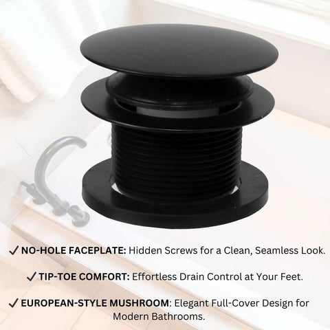 Mushroom Toe Drain Tub Trim Set with Floating Faceplate in Dope Matte Black Finish, shown in a modern bath setup.