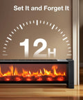 33 Inch Baseboard Heater 1500 Watts Delivering Straight Fire Warmth Via Wide Top Air Outlet and Smart Remote Thermostat showing 12H timer.