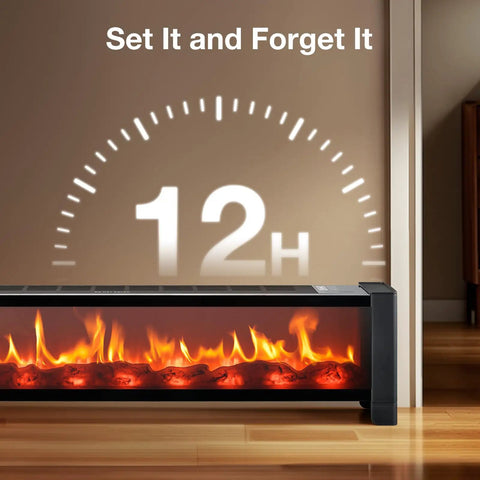 33 Inch Baseboard Heater 1500 Watts Delivering Straight Fire Warmth Via Wide Top Air Outlet and Smart Remote Thermostat showing 12H timer.
