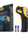 Infrared Thermometer Gun With Laser And Adjustable Emissivity for Safe Distance Readings, digital display and packaging