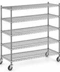 Nsf Certified Chrome Wire Shelving Kit With Hardcore Load Rating Four Rolling Brake Casters And Quick Split Sleeve Setup, five shelves, chrome finish