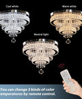 Dimmable 15.7 Inch Crystal Ceiling Light With Remote, Two Ring LED Flush Mount Chandelier with color temperatures 3000K to 6500K
