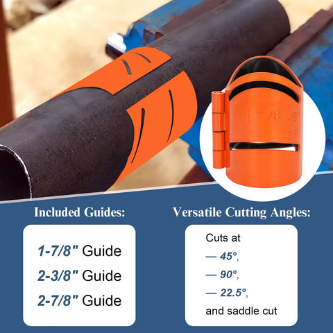 Pro Grade Magnetic Metal Pipe Cutting Guide Kit for precision cuts with 1-7/8, 2-3/8, 2-7/8 inch guides showing different angles.