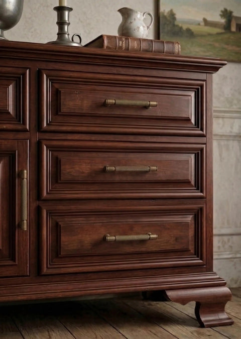 Antique Brass Knurled Cabinet Pulls Set, 10 Pack, 3.75 Inch 96mm Kitchen Cabinet Handles on wooden drawers
